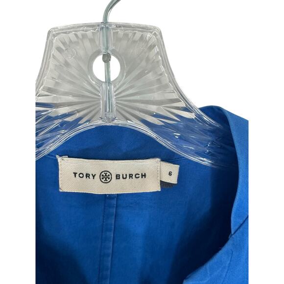 Tory Burch Blue Cotton Poplin V-Neck Pleated Long Sleeve Maxi Shirt Dress Size 6 - Picture 3 of 13